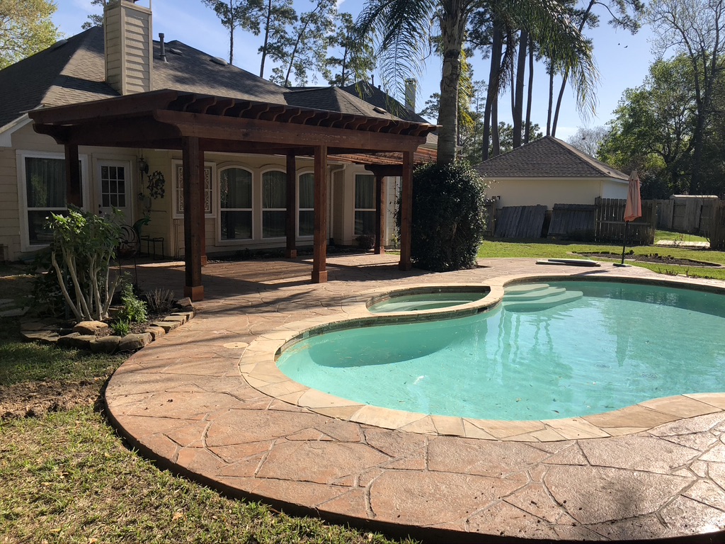 Stamped Concrete and Poolside Pergola